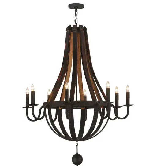 Rugged rustic charm greets Gothic character. This handsome lighting design was inspired by Antique Wooden staves traditionally bound by wooden hoops in the construction of beer/ whiskey barrels and wine casks. Coffee Bean finished solid-stout curved arms support 8 bobeches accented with Complementary faux candles on its perimeter and an orb finial below. The overall height of this chandelier ranges from 62 to 145 inches as the chain length can be easily adjusted in the field to accommodate your specific lighting application needs. Handcrafted by highly skilled artisans in our 180;000 square foot manufacturing facility in Yorkville; New York. Candlelight colors; metal finishes and fixture sizes can be customized to your needs. UL and cUL listed for dry and damp locations. - alternate view