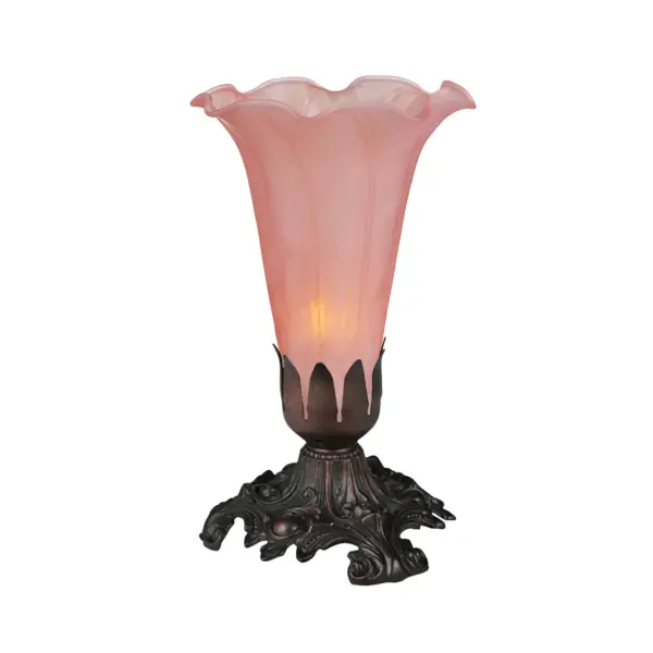 One of the most popular Louis Comfort Tiffany styled lamps on the market today, recreating his famous Favrile design from the early 1900's. This mottled Amethyst tipped Amber shaded One Light Accent Lamp offers an attractive, delicate design featuring a shade of mouth blown of fine art glass. Lily shades are seated in an elegant base finished by hand in Mahogany Bronze. Collection: Pink Finish: Mahogany Bronze Glass: Pink Width: 4.00" Height: 7.00" Length: 4.00" Weight: 2.00 lb Number of Bulbs: 1 Maximum Wattage: 40.00 W Bulb Type: B10 Bulb Base: E12 Light Source: CFL Material: Steel Country of Origin: CHINA Safety Listing: Dry Safety Rating: Dry
