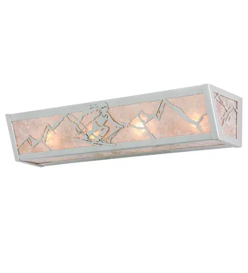 A winter skier sleds down a snow covered mountain on this vanity light; illuminated through Silver mica panels. The fixture has a Nickel finish and is handcrafted in the USA by Meyda artisans. - alternate view