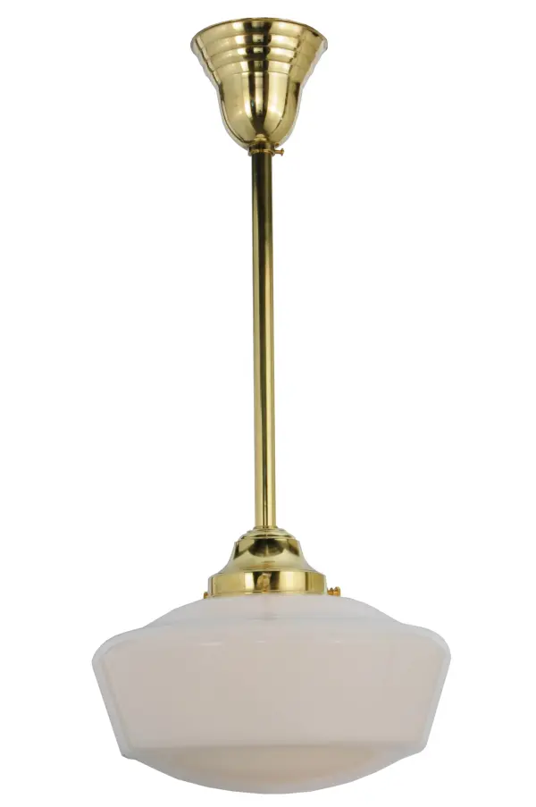 The Revival Schoolhouse Glass reflects an authentic classic design. A perfectly formed shade is handcrafted of White Opal Schoolhouse Glass with rich artisanship and style. Originally used in private residences; schools; galleries and libraries; this Schoolhouse electrical reproduction pendant will illuminate a broad range of interiors today. The Polished Brass pendant provides beautiful ambient lighting. The Revival Schoolhouse Pendant is featured in our American-designed; handcrafted Schoolhouse Lighting Collection. UL and cUL listed for dry and damp locations.