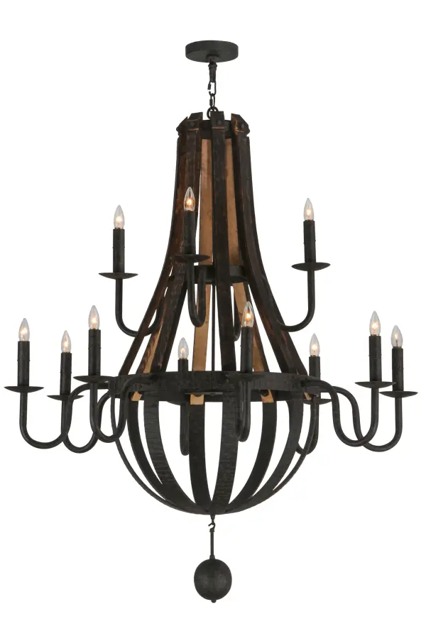 Rugged rustic charm greets Gothic character. This handsome lighting design was inspired by Antique Wooden staves traditionally bound by wooden hoops in the construction of beer/ whiskey barrels and wine casks. Coffee Bean finished solid-stout curved arms support 12 bobeches accented with Complementary faux candles on its perimeter and an orb finial below. The overall height of this chandelier ranges from 62 to 157 inches as the chain length can be easily adjusted in the field to accommodate your specific lighting application needs. Handcrafted by highly skilled artisans in our 180;000 square foot manufacturing facility in Yorkville; New York. Candlelight colors; metal finishes and fixture sizes can be customized to your needs. UL and cUL listed for dry and damp locations.