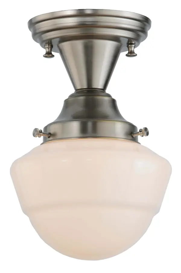 The Revival Schoolhouse glass reflects an authentic classic design. A perfectly formed shade is handcrafted of White Opal Schoolhouse Glass with rich artisanship and style. Originally used in private residences, schools, galleries and libraries, this Schoolhouse electrical reproduction will illuminate a broad range of interiors today. The Brass ceiling fixture is enhanced with a Brushed Nickel finish and provides beautiful ambient lighting. The Revival Schoolhouse Semi-Flushmount is included in our American-designed, handcrafted Schoolhouse Lighting Collection. UL and cUL listed for dry and damp locations. Collection: Revival Finish: Brushed Nickel Glass: White Opal Glass Width: 7.00" Height: 10.00" Length: 7.00" Weight: 3.00 lb Number of Bulbs: 1 Maximum Wattage: 60.00 W Bulb Type: A19 Bulb Base: E26 Material: Metal Or Polyresin Country of Origin: CHINA Safety Listing: Damp Safety Rating: Damp
