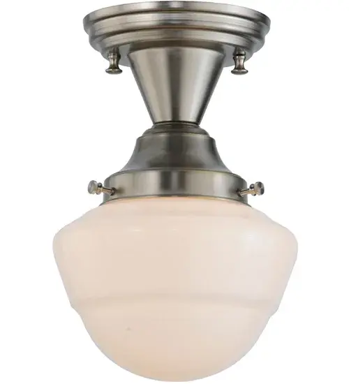 The Revival Schoolhouse glass reflects an authentic classic design. A perfectly formed shade is handcrafted of White Opal Schoolhouse Glass with rich artisanship and style. Originally used in private residences, schools, galleries and libraries, this Schoolhouse electrical reproduction will illuminate a broad range of interiors today. The Brass ceiling fixture is enhanced with a Brushed Nickel finish and provides beautiful ambient lighting. The Revival Schoolhouse Semi-Flushmount is included in our American-designed, handcrafted Schoolhouse Lighting Collection. UL and cUL listed for dry and damp locations. Collection: Revival Finish: Brushed Nickel Glass: White Opal Glass Width: 7.00" Height: 10.00" Length: 7.00" Weight: 3.00 lb Number of Bulbs: 1 Maximum Wattage: 60.00 W Bulb Type: A19 Bulb Base: E26 Material: Metal Or Polyresin Country of Origin: CHINA Safety Listing: Damp Safety Rating: Damp - alternate view