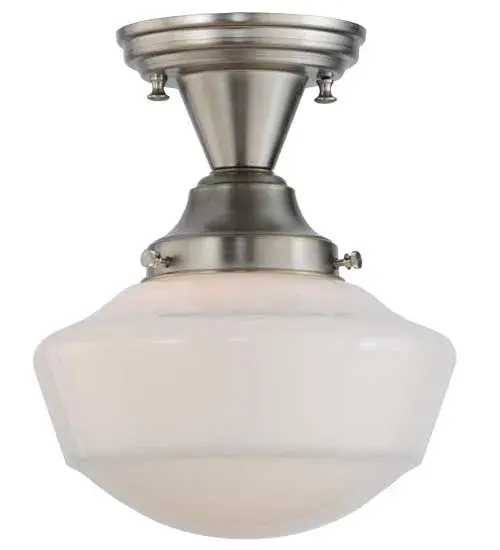The Revival Schoolhouse glass reflects an authentic classic design. A perfectly formed shade is handcrafted of White Opal Schoolhouse Glass with rich artisanship and style. Originally used in private residences; schools; galleries and libraries; this Schoolhouse electrical reproduction will illuminate a broad range of interiors today. The Brass pendant is enhanced with a Brushed Nickel finish and provides ambient lighting. The Revival Traditional Globe Semi-Flushmount is featured in our American-designed; handcrafted Schoolhouse Lighting Collection. UL and cUL listed for dry and damp locations.