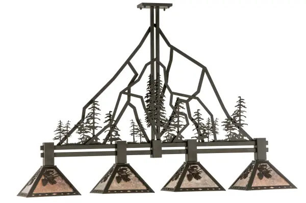 This dramatic, elaborate ceiling pendant features mesmerizing Pine Tree metal silhouettes that stand tall on this fixture frame. Beautiful ambient light is projected through four stunning Silver Mica shades, which depict Pinecone and Pine Needles finished in Oil Rubbed Bronze. Ideal for illuminating kitchen islands, dining tables, and bars in residential and hospitality settings. The Tall Pines Island Pendant is included in our American-made, American-designed, handcrafted Nature Inspired Lighting Collection. Manufactured in Yorkville, New York. UL and cUL listed for dry and damp locations. Collection: Tall Pines Finish: Oil Rubbed Bronze Glass: Silver Mica Width: 11.50" Height: 41.75" Length: 60.00" Weight: 35.50 lb Extension from Wall: 11.50" Number of Bulbs: 4 Maximum Wattage: 60.00 W Bulb Type: A19 Bulb Base: E26 Material: Steel Country of Origin: USA Safety Listing: Damp Safety Rating: Damp