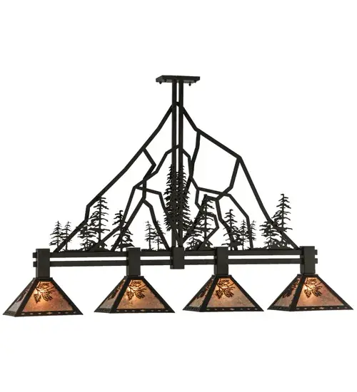This dramatic, elaborate ceiling pendant features mesmerizing Pine Tree metal silhouettes that stand tall on this fixture frame. Beautiful ambient light is projected through four stunning Silver Mica shades, which depict Pinecone and Pine Needles finished in Oil Rubbed Bronze. Ideal for illuminating kitchen islands, dining tables, and bars in residential and hospitality settings. The Tall Pines Island Pendant is included in our American-made, American-designed, handcrafted Nature Inspired Lighting Collection. Manufactured in Yorkville, New York. UL and cUL listed for dry and damp locations. Collection: Tall Pines Finish: Oil Rubbed Bronze Glass: Silver Mica Width: 11.50" Height: 41.75" Length: 60.00" Weight: 35.50 lb Extension from Wall: 11.50" Number of Bulbs: 4 Maximum Wattage: 60.00 W Bulb Type: A19 Bulb Base: E26 Material: Steel Country of Origin: USA Safety Listing: Damp Safety Rating: Damp - alternate view