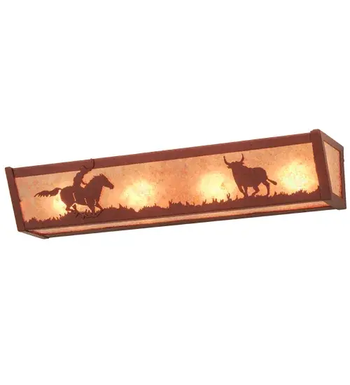 A Cowboy on his trusty horse wrangles a steer across the prairie on this western inspired vanity light, which is illuminated through Silver mica panels. The fixture, which can be used a luminaire in a fine bath or as a wall sconce in other rooms, has a frame and hardware featuring in a Rust finish. Handcrafted in the USA by highly skilled artisans. Custom options includes special sizes, designs, colors and dimmable energy efficient lamping options. The fixture is UL and cUL listed for damp and dry locations. Collection: Cowboy & Steer Finish: Rust Glass: Silver Mica Width: 24.00" Height: 4.50" Length: 5.50" Weight: 5.50 lb Extension from Wall: 5.50" Number of Bulbs: 4 Maximum Wattage: 60.00 W Bulb Type: A19 Bulb Base: E26 Material: Steel Country of Origin: USA Safety Listing: Damp Safety Rating: Damp - alternate view