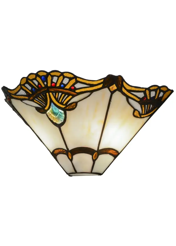 Oceanic Iridescent Blue/Green Jeweled nautical shells; surrounded by Blue and Red jewels; highlight an intricate Art Nouveau motif in Amber and Clear Ripple glass; accented with iridescent Amber formed jewels on Bone Beige. A Multicolored ringlet motif featured on bottom accented with Amber oval jewels while Amber diamond shaped jewels accent the top. The shade was handcrafted using Meyda Tiffany's famous copper foil construction process.