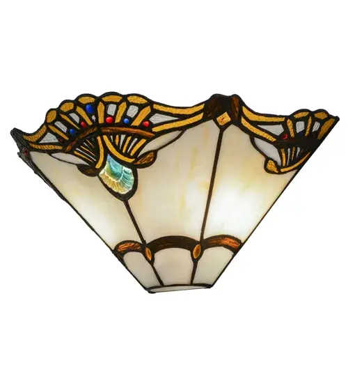 Oceanic Iridescent Blue/Green Jeweled nautical shells; surrounded by Blue and Red jewels; highlight an intricate Art Nouveau motif in Amber and Clear Ripple glass; accented with iridescent Amber formed jewels on Bone Beige. A Multicolored ringlet motif featured on bottom accented with Amber oval jewels while Amber diamond shaped jewels accent the top. The shade was handcrafted using Meyda Tiffany's famous copper foil construction process. - alternate view
