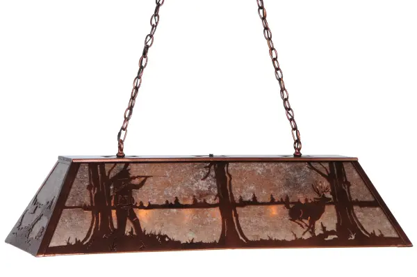 A striking image of a sportsman hunting deer in the woods while the morning sun rises in the background. Soft ambient light projects through a Silver Mica shade complemented with a frame and hardware featured in a New Copper Vein finish. Perfect for dens; mancaves; outdoor retailers and sports shops. Overall height ranges from 26 to 44 inches as the chain can be adjusted in the field. Made to Order in our 180;000 square foot manufacturing facility in Yorkville; NY at the foothills of the Adirondack Mountains. Custom designs; sizes and metal finishes available. UL and cUL listed for dry and damp locations.
