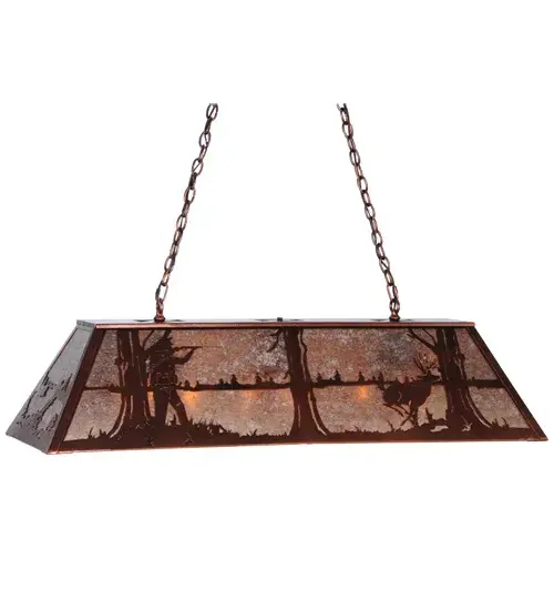 A striking image of a sportsman hunting deer in the woods while the morning sun rises in the background. Soft ambient light projects through a Silver Mica shade complemented with a frame and hardware featured in a New Copper Vein finish. Perfect for dens; mancaves; outdoor retailers and sports shops. Overall height ranges from 26 to 44 inches as the chain can be adjusted in the field. Made to Order in our 180;000 square foot manufacturing facility in Yorkville; NY at the foothills of the Adirondack Mountains. Custom designs; sizes and metal finishes available. UL and cUL listed for dry and damp locations. - alternate view