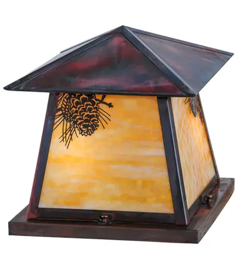 Delicately etched of Solid Copper; Pinecones are featured In stunning Beige art glass. Rustic charm comes alive with soft ambient light from this nature inspired fixture which is enhanced with an Antique Copper finish. Ideal for both exterior and interior lighting applications. Ideal for illuminating a pier; deck; patio or column; this Craftsman Signature lantern is handcrafted by highly skilled artisans in our 180;000 square foot manufacturing facility in Yorkville; NY at the foothills of the Adirondack Mountains. Shade styles; metal finishes and fixture sizes can be customized. UL and cUL listed for dry; damp and wet locations. - alternate view