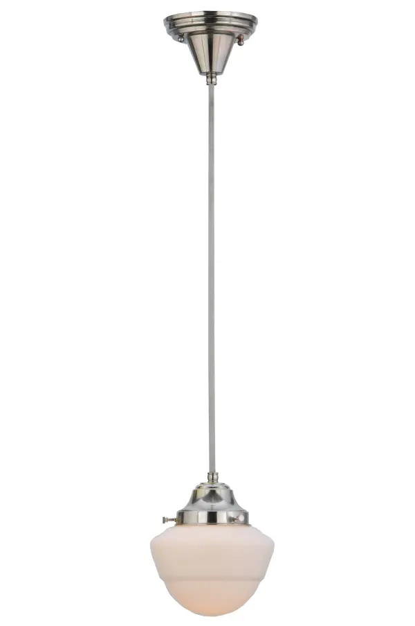 The Revival Schoolhouse glass reflects an authentic classic design. A perfectly formed shade is handcrafted of White Opal Schoolhouse Glass with rich artisanship and style. Originally used in private residences, schools, galleries and libraries, this Schoolhouse electrical reproduction pendant is stem hung and will illuminate a broad range of interiors today. The Brass pendant is enhanced with a Nickel powder coat finish and provides beautiful ambient lighting. Overall height ranges from 12.5 to 83.5 inches, as cord length can be adjusted in the field to accommodate your lighting application needs. The Revival Schoolhouse Pendant is included in our American-made, American-designed Schoolhouse Lighting Collection. Manufactured in Yorkville, NY. UL and cUL listed for dry & damp locations. Collection: Revival Finish: Polished Nickel Glass: White Opal Glass Width: 7.00" Height: 14.00" Length: 7.00" Weight: 4.00 lb Number of Bulbs: 1 Maximum Wattage: 60.00 W Bulb Type: A19 Bulb Base: E26 Material: Metal Or Polyresin Country of Origin: USA Safety Listing: Damp Safety Rating: Damp