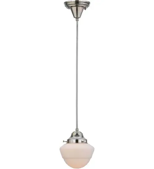 The Revival Schoolhouse glass reflects an authentic classic design. A perfectly formed shade is handcrafted of White Opal Schoolhouse Glass with rich artisanship and style. Originally used in private residences, schools, galleries and libraries, this Schoolhouse electrical reproduction pendant is stem hung and will illuminate a broad range of interiors today. The Brass pendant is enhanced with a Nickel powder coat finish and provides beautiful ambient lighting. Overall height ranges from 12.5 to 83.5 inches, as cord length can be adjusted in the field to accommodate your lighting application needs. The Revival Schoolhouse Pendant is included in our American-made, American-designed Schoolhouse Lighting Collection. Manufactured in Yorkville, NY. UL and cUL listed for dry & damp locations. Collection: Revival Finish: Polished Nickel Glass: White Opal Glass Width: 7.00" Height: 14.00" Length: 7.00" Weight: 4.00 lb Number of Bulbs: 1 Maximum Wattage: 60.00 W Bulb Type: A19 Bulb Base: E26 Material: Metal Or Polyresin Country of Origin: USA Safety Listing: Damp Safety Rating: Damp - alternate view