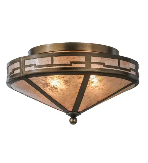 This classic Bungalow design embodies the ideal of the American home. The shade features an abstract Valley View motif around the perimeter. This Silver Mica shade's casual; cozy look is complemented by an Antique Copper finish; making this handsome ceiling fixture suitable for countless applications. The ceiling fixture is ideal for illuminating dining tables; hallways; and other residential and hospitality spaces from Grand Rapids; Michigan; to Mobile; Alabama; to Glendale; California. The Bungalow Valley View Flushmount is included in our American-made; American-designed; handcrafted Craftsman Lighting Collection and manufactured in Yorkville; New York. The fixture is UL and cUL listed for dry and damp locations.