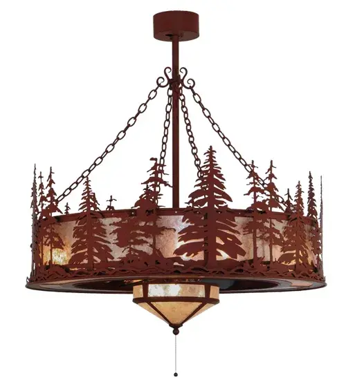 Innovation never looked so good with this unique custom lighting fixture that integrates ceiling fan technology. The stunning nature-inspired Tall Pines design is featured in our award-winning Chandel-Air collection. This fan-integrated custom lighting fixture features Pine Tree and woodland metal silhouettes in a Red Rust finish. A Silver Mica diffuser illuminates while gentle breezes are created by a fan spinning quietly in the center. Eight inner lights bring out the beauty of the Mica in the larger diffuser; while three inner lights provide decorative lighting in the fan light below. The Tall Pines design is inspired by the Coconino National Forest in Arizona; to the Deschutes National Forest in Oregon; to the Ancient Bristlecone Pine Forest of California. This Chandel-air is ideal for use in a dining room; living space; kitchen; and other rooms in residential; hospitality; and commercial settings. In summer; the fan pushes down a windchill that circulates to keep the space cool and comfortable. In winter; the fan is reversed to pull the room air towards the ceiling; forcing the warm air back down & circulate to create warmth. The Tall Pines Chandel-Air is included in our American-made; American-designed; handcrafted; award-winning Chandel-Air Collection. Manufactured in Yorkville; NY. UL & cUL listed for dry and damp locations. - alternate view