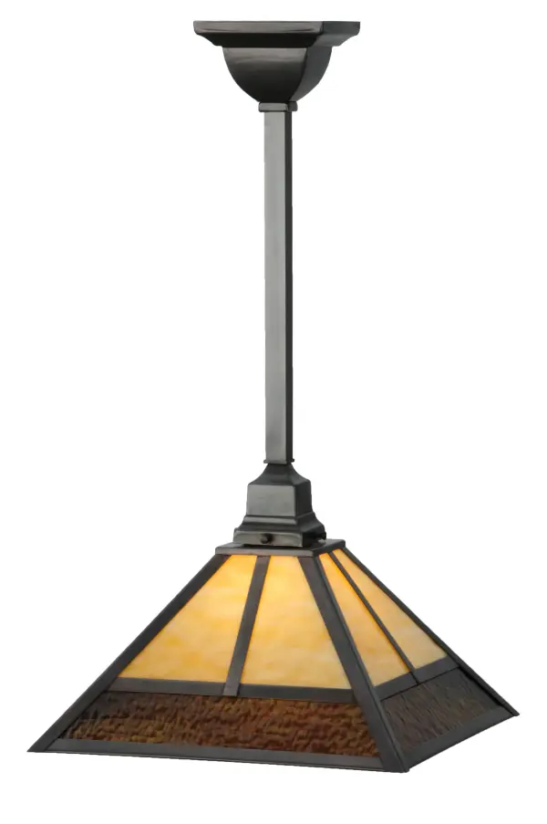Handcrafted from Solid Brass; this stunning Craftsman styled ceiling pendant is inspired by the Arts and Crafts movement. The striking straight line fixture design features Beige Art Glass which is complemented with Root Beer Wispy Glass trim. The handsome frame; decorative accents and hardware are featured in a Craftsman Brown finish. The fixture is handcrafted by our highly skilled artisans in our 180;000 square foot manufacturing facility in the Yorkville; NY manufacturing facilities; at the foothills of the Adirondack Mountains. Custom sizes; styles; colors and dimmable energy efficient lamping options such as LED are available. UL and cUL listed for damp and dry locations.