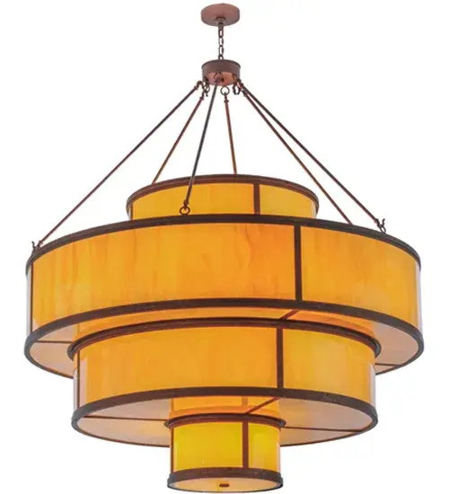 Bold, eye-catching multi-dimensional tiers reveal the stunning architectural look of the Jayne pendant. Four Amber Quartz Idalight diffusers are integrated into a highly fashionable aesthetic that is hard to resist. Clean sophistication astounds with round surfaces and straight lines to enhance any room. Enhanced by Antique Rust finished hardware, the fixture delivers perfect illumination for lobbies, foyers, ballrooms, and other large spaces. The Jayne Pendant is included in our American-made, American-designed, handmade Transitional Lighting Collection and manufactured in Yorkville, NY. UL & cUL listed for dry and damp locations. Featured in The Cherokee Chophouse in Marietta, GA. Collection: Jayne Finish: Antique Rust Glass: Amber Quartz Idalight Width: 60.00" Height: 71.00" Length: 60.00" Weight: 145.00 lb Extension from Wall: 5.50" Number of Bulbs: 26 Maximum Wattage: 40.00 W Bulb Type: A19 Bulb Base: E26 Material: Steel Country of Origin: USA Safety Listing: Damp Safety Rating: Damp - alternate view