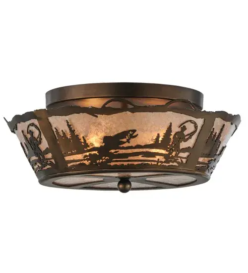 Fishing enthusiasts will delight in casting their lines for this striking lighting design; which features a Rainbow Trout leaping from the lake as the late-morning sun rises. Soft ambient light projects through a Silver Mica shade; enhanced by a matching bottom diffuser and an Antique Copper finished frame and hardware. It is ideal for placement in hallways and dining areas to create a beautiful design statement in log homes; timber- frame homes; and other residential and hospitality spaces. The Fly Fishing Creek Flush Mount is included in our American-made; American-designed; handcrafted Sportsman Collection and manufactured in Yorkville; New York. UL and cUL listed for dry and damp locations. Upstate New York's adventurous playland; known as the Adirondack Mountains; with its many breathtaking forests; lakes; and rivers; is the spiritual birthplace of Meyda and inspires our rustic-themed collections.