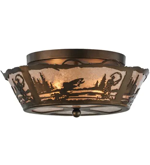 Fishing enthusiasts will delight in casting their lines for this striking lighting design; which features a Rainbow Trout leaping from the lake as the late-morning sun rises. Soft ambient light projects through a Silver Mica shade; enhanced by a matching bottom diffuser and an Antique Copper finished frame and hardware. It is ideal for placement in hallways and dining areas to create a beautiful design statement in log homes; timber- frame homes; and other residential and hospitality spaces. The Fly Fishing Creek Flush Mount is included in our American-made; American-designed; handcrafted Sportsman Collection and manufactured in Yorkville; New York. UL and cUL listed for dry and damp locations. Upstate New York's adventurous playland; known as the Adirondack Mountains; with its many breathtaking forests; lakes; and rivers; is the spiritual birthplace of Meyda and inspires our rustic-themed collections. - alternate view