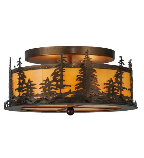 This stunning ceiling fixture features mesmerizing Pine Tree and woodland metal silhouettes that stand tall on this fixture frame. Beautiful ambient light is projected through a curvaceous Tawnyrock Idalight lens and a matching bottom diffuser. The shade is complemented with an Antique Copper finish. The Tall Pines Flushmount is included in our American-made; American-designed; handcrafted Nature Inspired Lighting Collection. Manufactured in Yorkville; New York. UL and cUL listed for dry and damp locations.