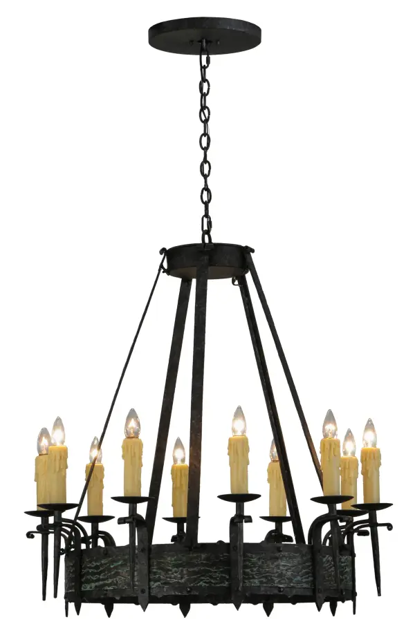 A Hand hammered metal banded belt embellishes the Smoke finished ring of this breathtaking chandelier. 10 Ivory faux candlelights embraced by delicate bobeches are attached to gracefully curved arms and provide beautiful ambient lighting. Make an impressive design statement in lobbies; conference rooms; entryways and other spaces. Overall height ranges from 39 to 74 inches as the chain length can be easily adjusted in the field to accommodate your specific lighting application needs. Handcrafted in our 180;000 square foot manufacturing facility in Yorkville; NY. Candlelight colors; metal finishes and chandelier sizes can be customized to meet your needs. UL and cUL listed for damp and dry locations.