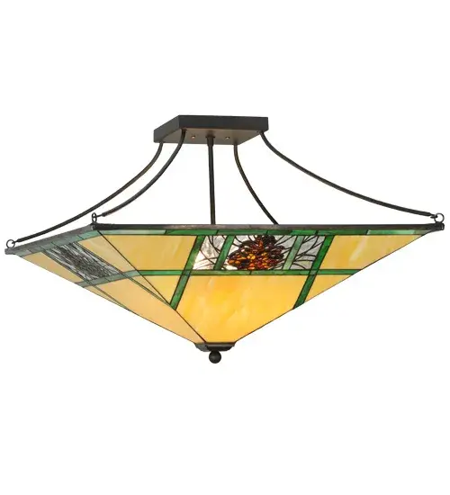 This charming nature inspired ceiling fixture features a Pinecone Ridge designed shade with Bark Brown Granite Glass Pinecones on Clear Textured Glass with Pine Needle detailing. Moss Green bands intersect on a background of Bone Beige Art Glass. The Pinecone Ridge Semi-Flushmount is enhanced with an Oil Rubbed Bronze finish and Domestically Produced in our 180;000 square foot manufacturing facility in Yorkville; New York. Customize the shade colors; metal finishes and sizes to meet your desires. UL and cUL listed for dry and damp locations. No two art glass shades will be the same as their individuality can be as remarkably unique as their personality.