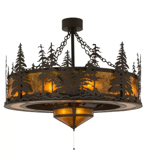 This fan-integrated custom lighting fixture features Pine Tree and woodland metal silhouettes in an Oil Rubbed Bronze finish. An Amber Mica diffuser and a matching smaller fan light illuminate while gentle breezes are created by a fan spinning quietly in the center. Eight inner lamps evoke the beauty of the Mica in the large diffuser; and three lamps illuminate the fan light. The Tall Pines design is inspired by pine tree forests in Morrill; Maine; to the Upper Oldham Trail in Buffalo Park in Flagstaff; Arizona; to the Umpqua National Forest in Oregon; to the Coast of California. This Chandel-air is ideal for use in a dining room; living space; kitchen; and other rooms in residential; hospitality; and commercial settings. In summer; the fan pushes down a windchill that circulates to keep the area cool and comfortable. In winter; the fan is reversed to pull the room air towards the ceiling; forcing the warm air back down & circulate to create warmth. The Tall Pines Chandel-Air is included in our American-made; American-designed; handcrafted; award-winning Chandel-Air Collection and manufactured in Yorkville; NY. UL & cUL listed for dry and damp locations. - alternate view