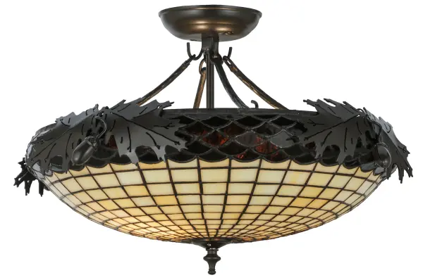 Visually impressive as branches of an Oak tree, this art glass shade delights with Multi toned Autumn Beige art glass and a Bark Brown Granite Textured Glass Crown sprouting Oak Leaves and Acorn metal hardware featured in a Timeless Bronze finish. The glass shade is 18 inches wide and the leaf accents are hand-formed from metal to extend to the outside edge, for a the total fixture width of 22 inches. The nature inspired hardware is custom crafted by artisans at the foothills of the Adirondack Mountains, and the shade was created using the famous Meyda copperfoil construction method. This fixture is available in custom sizes, styles, colors and dimmable energy efficient lamping. UL and cUL listed for dry and damp locations. Collection: Greenbriar Oak Finish: Timeless Bronze Glass: Stained Glass Width: 22.00" Height: 13.00" Length: 22.00" Weight: 9.50 lb Number of Bulbs: 2 Maximum Wattage: 60.00 W Bulb Type: A19 Bulb Base: E26 Material: Metal Country of Origin: USA Safety Listing: Damp Safety Rating: Damp