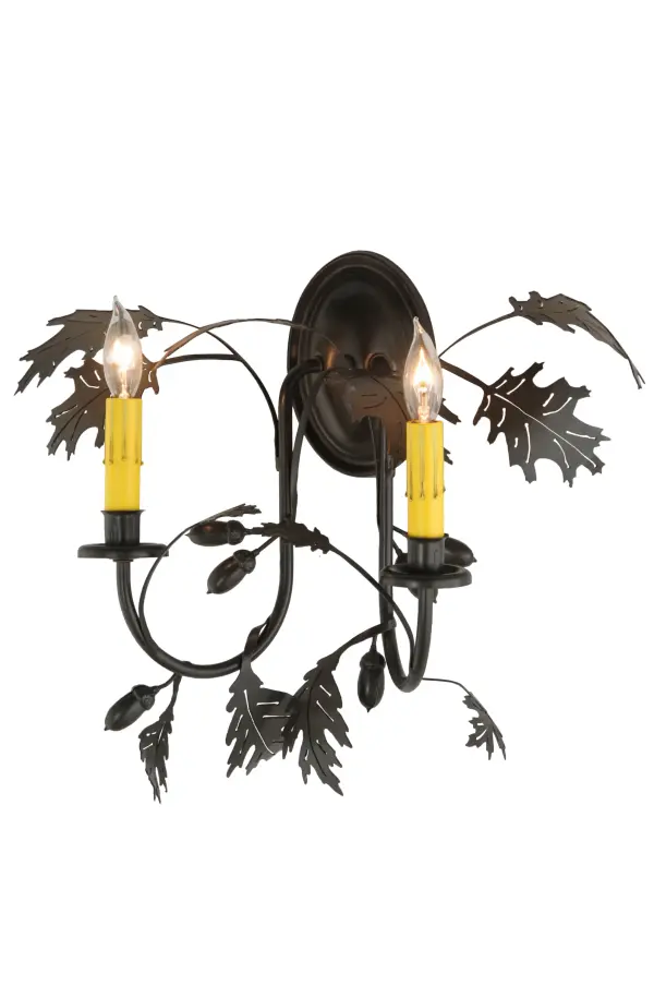 Oak Leaves and Acorns appear to dance joyfully among the light as rustic charm is revealed with this nature inspired wall sconce. Timeless Bronze finished Oak Leaves flourish from branch-like arms that adorn 2 Ivory faux candlelights. The most powerful of all trees; the mighty Oak; and all its leaves represent wisdom; strength; and endurance. The Oak Leaf & Acorn Wall Sconce is included in our American-made; American-designed; handcrafted Nature Inspired Lighting Collection. Manufactured in Yorkville; New York. UL and cUL listed for dry and damp locations.