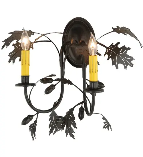 Oak Leaves and Acorns appear to dance joyfully among the light as rustic charm is revealed with this nature inspired wall sconce. Timeless Bronze finished Oak Leaves flourish from branch-like arms that adorn 2 Ivory faux candlelights. The most powerful of all trees; the mighty Oak; and all its leaves represent wisdom; strength; and endurance. The Oak Leaf & Acorn Wall Sconce is included in our American-made; American-designed; handcrafted Nature Inspired Lighting Collection. Manufactured in Yorkville; New York. UL and cUL listed for dry and damp locations. - alternate view