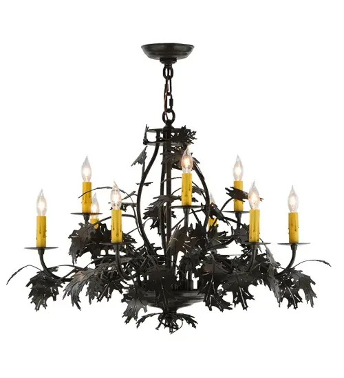 Oak Leaves appear to dance joyfully among the light as rustic charm is revealed with this nature inspired chandelier. Timeless Bronze finished Oak Leaves flourish from branch-like arms that adorn 9 Ivory faux candlelights. The mighty Oak and all its leaves represent wisdom; strength; and endurance. This massive; elaborate fixture is ideal for illuminating entryways; ballrooms; lobbies; and any room where you want to make a design statement. The overall height ranges from 27 to 56 inches as the chain length can be easily adjusted in the field. The Oak Leaf & Acorn Chandelier is included in our American-made; American-designed; handcrafted Nature Inspired Lighting Collection. Manufactured in Yorkville; New York. UL and cUL listed for dry and damp locations.