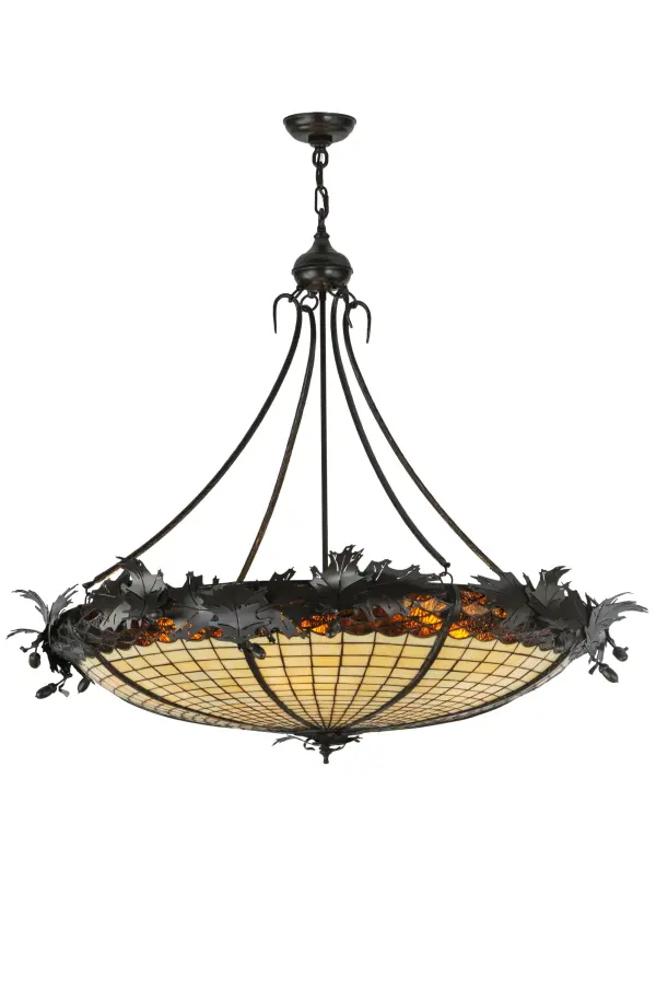 This eye-catching chandelier in a Timeless Bronze finish is as majestic as the mighty oak. The stained glass shade delights with Autumnal Beige Art glass with a Bark Brown and Blue and Purple Granite Textured Glass crown that sprouts oak leaf-covered hardware that is handmade by Meyda artisans. The pendant shade is created using the famous Meyda Tiffany copperfoil construction process. The overall height ranges from 43 to 72 inches; as the chain can be easily adjusted in the field. The Greenbriar Oak Pendant is included in our American-made; American-designed; handcrafted Greenbriar Collection. Manufactured in Yorkville; New York. UL and cUL listed for dry and damp locations. No two art glass shades will be the same.