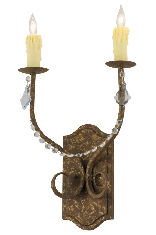 Enjoy the rich, time-honored look of Samuel, an exquisite wall sconce that reveals classic styling and superior handcrafted construction. The shapely fixture features two Ivory faux candlelights, which are complemented with Hand-Forged Scrolled Iron arms, frame, and hardware offered in a Pompeii Gold finish and accented with Crystal Beads and Droplets. The elegant fixture is ideal for installation in hallways and dining areas in homes and restaurants from Montpelier, Vermont, to Baton Rouge, Louisiana, to Salem, Oregon. The Samuel 2 Light Wall Sconce is featured in our American-made, American-designed, handmade Traditional Lighting Collection and manufactured in Yorkville, New York. UL and cUL are listed for dry and damp locations. Collection: Samuel Finish: Pompeii Gold Glass: Chocolate,Gold Width: 14.00" Height: 22.50" Length: 6.25" Weight: 5.00 lb Extension from Wall: 6.25" Number of Bulbs: 2 Maximum Wattage: 40.00 W Bulb Type: B10 Bulb Base: E12 Material: Steel Country of Origin: USA Safety Listing: Damp Safety Rating: Damp