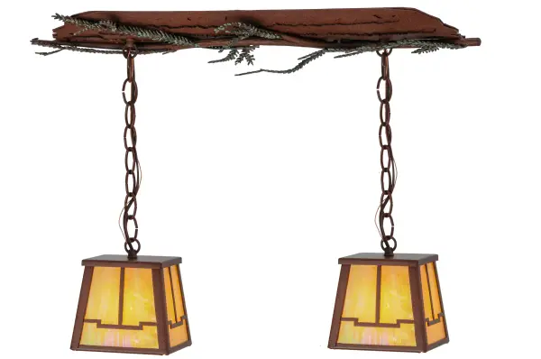 Invite the natural charm of the American woodlands into your home; camp; lodge; or business with this stunning island pendant. 2 Beige Iridescent Glass lanterns with a handsome Arts & Crafts design adorn Green Handpainted Pine Branch shaped accents with matching Pine Needles on this unique Nature Inspired fixture. This striking ceiling fixture features a Rust finished Barkerized ceiling canopy to create a mesmerizing effect. Island for lighting islands; bars and counters. Overall height ranges from 9 to 38 inches as the chain can easily adjust in the field. Domestically produced in our 180;000 sq ft manufacturing facility in Yorkville; NY. Customize shade colors; metal finishes and sizes. UL and cUL listed for damp and dry locations.