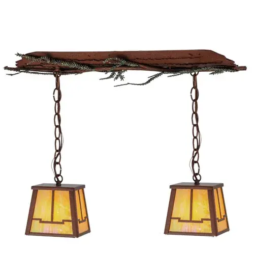 Invite the natural charm of the American woodlands into your home; camp; lodge; or business with this stunning island pendant. 2 Beige Iridescent Glass lanterns with a handsome Arts & Crafts design adorn Green Handpainted Pine Branch shaped accents with matching Pine Needles on this unique Nature Inspired fixture. This striking ceiling fixture features a Rust finished Barkerized ceiling canopy to create a mesmerizing effect. Island for lighting islands; bars and counters. Overall height ranges from 9 to 38 inches as the chain can easily adjust in the field. Domestically produced in our 180;000 sq ft manufacturing facility in Yorkville; NY. Customize shade colors; metal finishes and sizes. UL and cUL listed for damp and dry locations. - alternate view