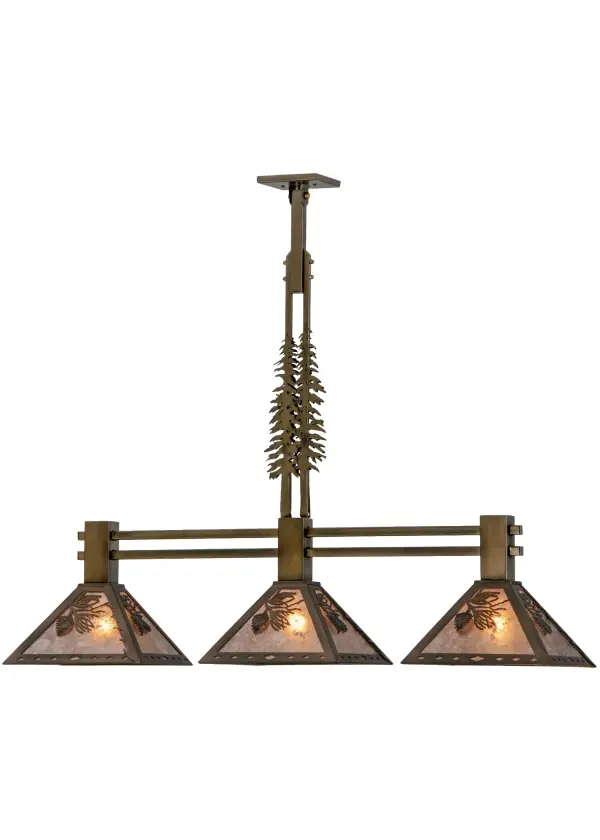 A stand of Tall Pines adorn the frame of this charming nature inspired fixture; which features Winter Pinecones designed on Silver Mica shades; which are suspended by hardware hand finished in Antique Copper. The fixture; which is perfect to illuminate billiard tables; islands; counters or bars; is handmade by Meyda artisans in the Yorkville; NY manufacturing facilities at the foothills of the Adirondack Mountains. This pendant is available in custom sizes; styles and colors; as well as dimmable energy efficient lamping options. UL and cUL listed for damp and dry locations.