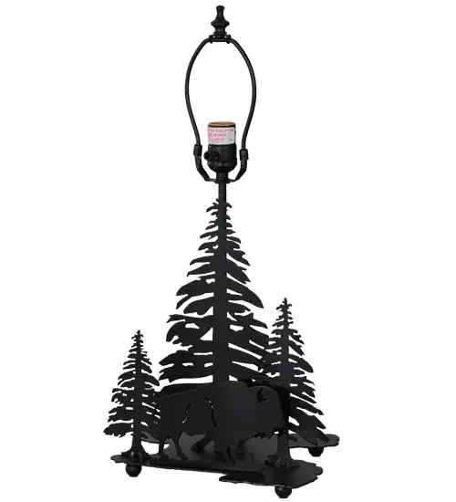 A walking Black Bear accents a linear square shade that sits above a pine tree lamp base. The table lamp is finished in Black; has Stormy Sunset art glass panels and is handcrafted in the USA by Meyda artisans. - alternate view