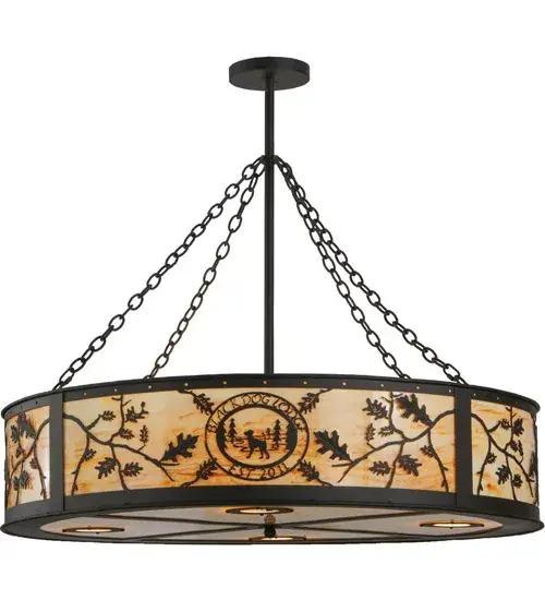 Designed with the bold Black Dog Lodge name; logo; and establishment year. This handsome Personalized inverted pendant features the logo and an Oak leaf design in an Oil Rubbed Bronze finish around a stunning Travertine Idalight Lens. Four downlights provide task lighting; three up lights for ambient illumination; and four inner lights bring out the beauty of the Idalight. The decorative lights; up lights; and downlights benefit from separate circuits to give you precise dimming control over the three layers of light to create the perfect ambiance in the space. The Personalized Black Dog Lodge Inverted Pendant is included in our American-made; American-designed; handcrafted Personalized Lighting Collection and manufactured in Yorkville; New York. UL and cUL are listed for dry and damp locations. This personalized lighting fixture can be ordered by calling us and adding your own business or camp name for your next project. Please call for pricing and lead time. - alternate view