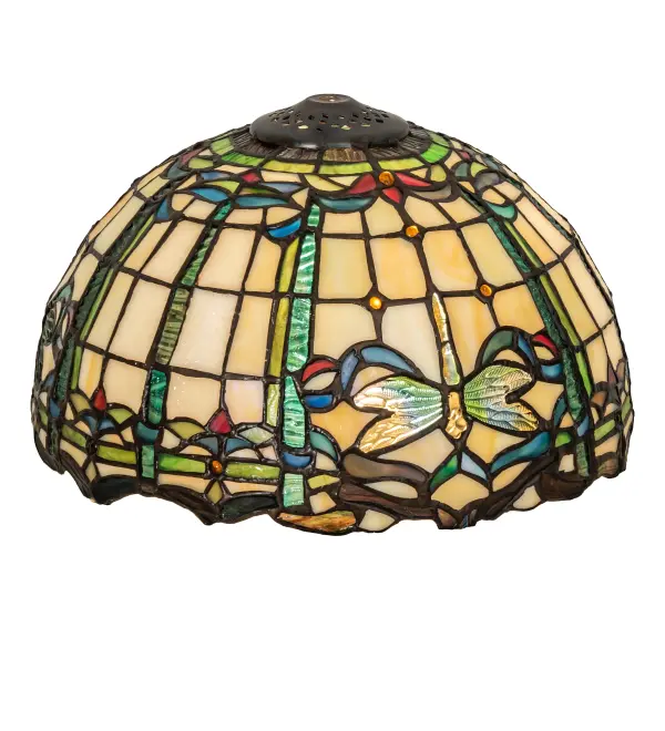 Inspired by Tiffany Studio's beloved stained glass Dragonfly design; this shade features Dragonflies with glowing jeweled eyes and delicate multicolored wings that circle over Beige Art Glass with Red; Green; and Blue accents. The shade is created using the famous Meyda Tiffany copperfoil construction. The Tiffany Dragonfly Shade is included in our American-designed; handcrafted Tiffany Reproduction Lighting Collection. Each shade is a unique work of art with color variations based on natural ingredients inherent in the glass.