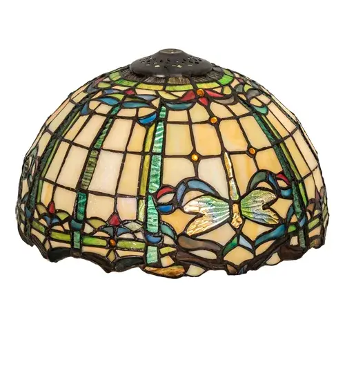 Inspired by Tiffany Studio's beloved stained glass Dragonfly design; this shade features Dragonflies with glowing jeweled eyes and delicate multicolored wings that circle over Beige Art Glass with Red; Green; and Blue accents. The shade is created using the famous Meyda Tiffany copperfoil construction. The Tiffany Dragonfly Shade is included in our American-designed; handcrafted Tiffany Reproduction Lighting Collection. Each shade is a unique work of art with color variations based on natural ingredients inherent in the glass. - alternate view