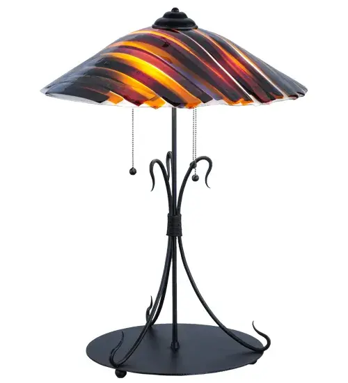This contemporary Metro Fusion dome-shaped shade is an original design that is far from the traditional. This unique shade is handmade in our Marina pattern of Amber; Smoke Iridescent; Purple and Clear colored; kiln-fired; fused art glass; and paired with a unique triple-hook base featured in a Mahogany Bronze finish. It is perfect for a beautiful display in picture windows; dining areas; and living spaces in fine homes and hotels from Shelter Island; New York; to Columbus; Ohio; to Palm Springs; California. The Metro Fusion Marina Glass Table Lamp is included in our American-made; American-designed; handcrafted Fused Glass Collection; which is manufactured in Yorkville; New York. UL and cUL listed for dry locations. Each shade is a unique work of art with color variations based on natural ingredients inherent in the glass. The Quality Bent Glass division of Meyda Tiffany Lighting is over 100 years in the making. Today; we are still creating timeless masterpieces using tools and methods from the days when we supplied Tiffany Studios. Fused glass colors and metal finishes are customizable; as each fixture is handcrafted to order. - alternate view