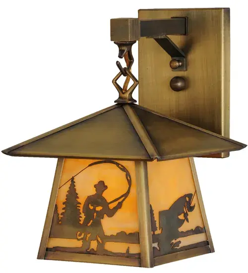 Every Meyda Tiffany item is a unique handcrafted work of art. Natural variations in the wide array of materials that we use to create each Meyda product make every item a masterpiece of its own. Photographs are a general representation of the product. Colors and designs will vary. Collection: Stillwater Finish: Antique Brass Glass: Beige Art Glass Width: 8.25" Height: 11.25" Length: 10.00" Weight: 4.50 lb Extension from Wall: 10.00" Number of Bulbs: 1 Maximum Wattage: 60.00 W Bulb Type: A19 Bulb Base: E26 Light Source: CFL Material: Brass Country of Origin: USA Safety Listing: Wet Safety Rating: Wet - alternate view