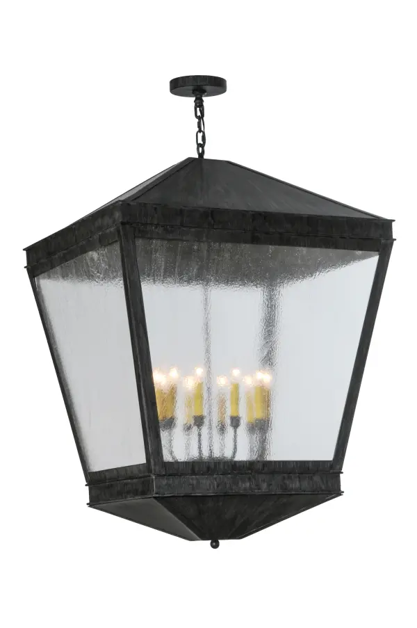 Expert craftsmanship and a distinctive elegance come to light with a stunning classic lantern design that entices all to see. The exquisite Rainstone Idalight lens reveals 10 Ivory faux candlelights. This indoor/outdoor pendant is enhanced with an Antique Iron Gate finish. Custom crafted in our 180;000 square foot manufacturing facility in Yorkville; NY. Lantern styles; metal finishes and sizes can be customized. UL and cUL listed for dry; damp and wet locations.