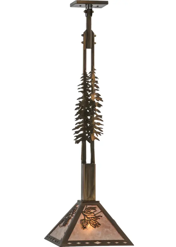 Delicate Pinecones and Pine Needles adorn a stunning Silver Mica Shade while Pine Tree Silhouettes that accent the suspension rods of this stunning pendant. The pendant is enhanced with an Antique Copper finish. Designed for mounting to sloped ceilings and ideal for illuminating dining tables, kitchen islands, counters and bars to make a dramatic design statement in timber frame homes and other residential and hospitality settings. Made to Order in our 180,000 square foot manufacturing facility in Upstate New York, at the foothills of the Adirondack Mountains. Custom sizes, shade designs and metal finishes are available. UL and cUL listed for damp and dry locations. Collection: Winter Pine Finish: Antique Copper Glass: Silver Mica Width: 16.50" Height: 37.50" Length: 12.00" Weight: 8.50 lb Extension from Wall: 4.50" Number of Bulbs: 1 Maximum Wattage: 60.00 W Bulb Type: A19 Bulb Base: E26 Material: Steel Country of Origin: USA Safety Listing: Damp Safety Rating: Damp