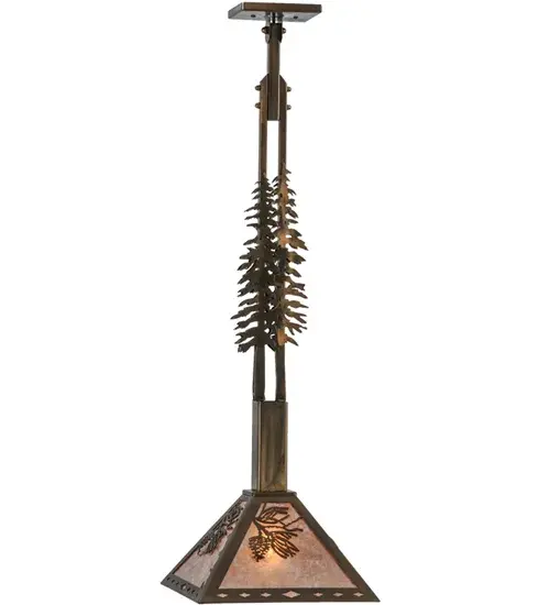 Delicate Pinecones and Pine Needles adorn a stunning Silver Mica Shade while Pine Tree Silhouettes that accent the suspension rods of this stunning pendant. The pendant is enhanced with an Antique Copper finish. Designed for mounting to sloped ceilings and ideal for illuminating dining tables, kitchen islands, counters and bars to make a dramatic design statement in timber frame homes and other residential and hospitality settings. Made to Order in our 180,000 square foot manufacturing facility in Upstate New York, at the foothills of the Adirondack Mountains. Custom sizes, shade designs and metal finishes are available. UL and cUL listed for damp and dry locations. Collection: Winter Pine Finish: Antique Copper Glass: Silver Mica Width: 16.50" Height: 37.50" Length: 12.00" Weight: 8.50 lb Extension from Wall: 4.50" Number of Bulbs: 1 Maximum Wattage: 60.00 W Bulb Type: A19 Bulb Base: E26 Material: Steel Country of Origin: USA Safety Listing: Damp Safety Rating: Damp - alternate view