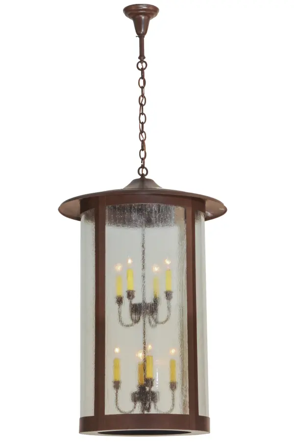 Handcrafted from Solid Brass with alluring rustic beauty. This stunning Craftsman Signature pendant features a handsome lantern with a Clear Seeded Glass diffuser that reveals eight Ivory faux candlelights. The fixture is enhanced with a Cafe Noir powder coat finish. This ceiling pendant will illuminate kitchens and dining areas in timber homes; modern farmhouses; and other spaces. The overall height ranges from 48 to 167 inches; as the chain can be easily adjusted on location to meet your exact lighting requirements. The Fulton Hanging Lantern is featured in our American-made; American-designed; handcrafted Craftsman Signature Series; manufactured in Yorkville; New York. UL and cUL listed for dry and damp locations. Our Build Your Own Craftsman Signature Series features unlimited combinations of styles. The collection is called Build Your Own because it is fully configurable and customizable from size and design to finish and lens color. Marine grade; solid brass; or copper raw materials are utilized to ensure items from the Craftsman Signature Series of outdoor and indoor lighting will stand the test of time; as these premium metals are impervious to most types of oxidation. Choose from many style options; or send us your concept today!