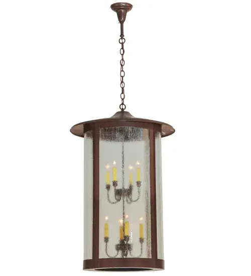 Handcrafted from Solid Brass with alluring rustic beauty. This stunning Craftsman Signature pendant features a handsome lantern with a Clear Seeded Glass diffuser that reveals eight Ivory faux candlelights. The fixture is enhanced with a Cafe Noir powder coat finish. This ceiling pendant will illuminate kitchens and dining areas in timber homes; modern farmhouses; and other spaces. The overall height ranges from 48 to 167 inches; as the chain can be easily adjusted on location to meet your exact lighting requirements. The Fulton Hanging Lantern is featured in our American-made; American-designed; handcrafted Craftsman Signature Series; manufactured in Yorkville; New York. UL and cUL listed for dry and damp locations. Our Build Your Own Craftsman Signature Series features unlimited combinations of styles. The collection is called Build Your Own because it is fully configurable and customizable from size and design to finish and lens color. Marine grade; solid brass; or copper raw materials are utilized to ensure items from the Craftsman Signature Series of outdoor and indoor lighting will stand the test of time; as these premium metals are impervious to most types of oxidation. Choose from many style options; or send us your concept today! - alternate view