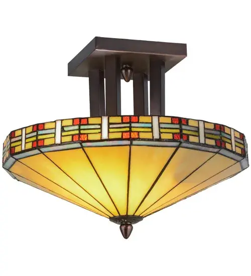 Dreams of a southwest desert sky awake with vibrant allure. Ravishing Beige art glass is trimmed with a Native American inspired design of tribal geometrics in brilliant Winter White; Chili Pepper Red and Multicolors. The shade is created with Meyda Tiffany?s famous copperfoil construction process and the hardware is finished in a warm Mahogany Bronze.