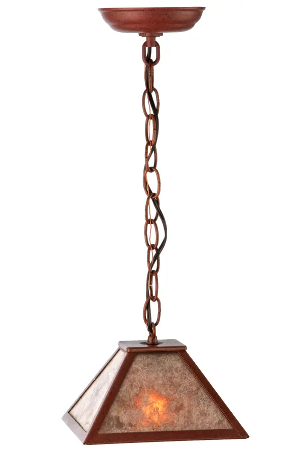 Inspired by the popular Mission revival movement; this handsome minimalist design features welcoming light-evoked through stunning Silver Mica. The decorative shade is enhanced by hardware and straight line accents and hardware offered in a Rust finish. Align these mini pendants in a row across a table; bar; island or counter to make a dramatic design statement. This ceiling pendant is handcrafted by highly skilled artisans in our 180;000 square foot manufacturing facility at the foothills of New York's Adirondack Mountains. Custom colors; sizes; and styles are available. Dimmable energy efficient options such as LED are offered. The 8-inch square fixture is UL and cUL listed for damp and dry locations.